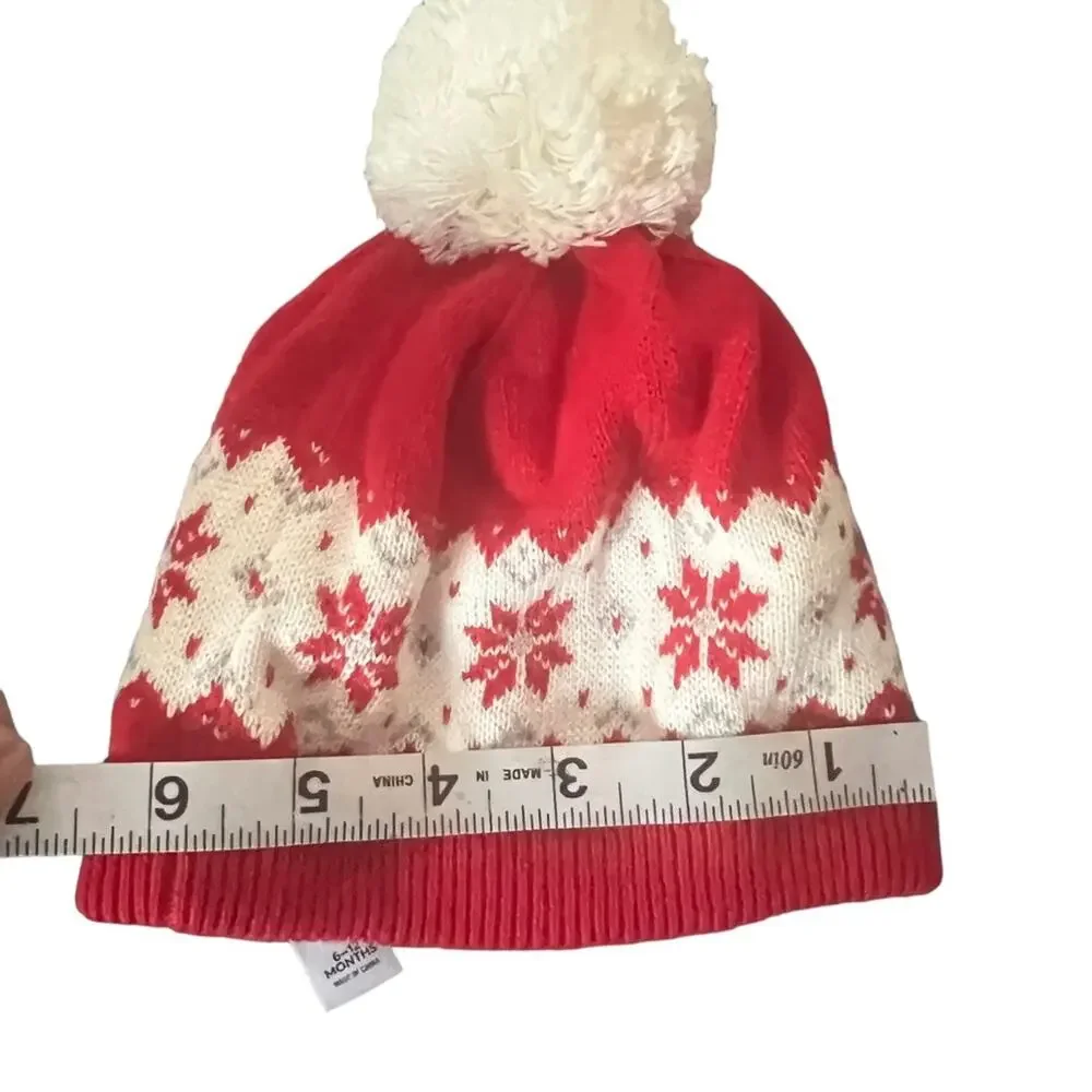 Janie And Jack Red Snowflake Pom Pom Beanie Size 6 - 12 M
